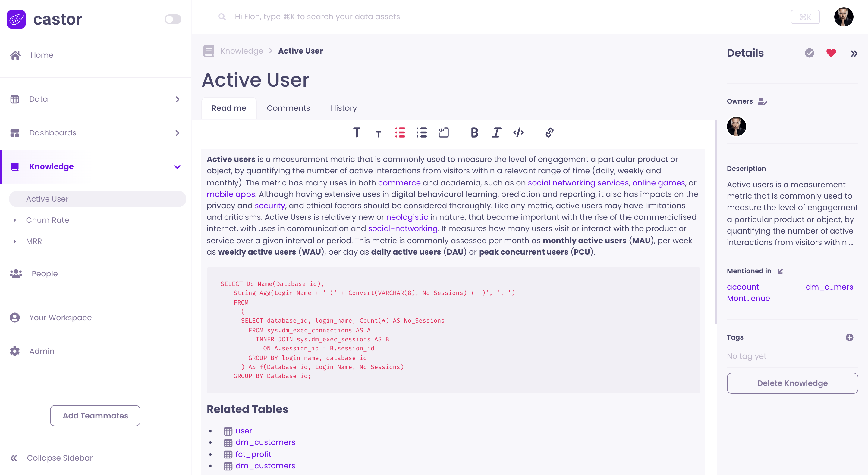 A filled in Knowledge page bout Active User